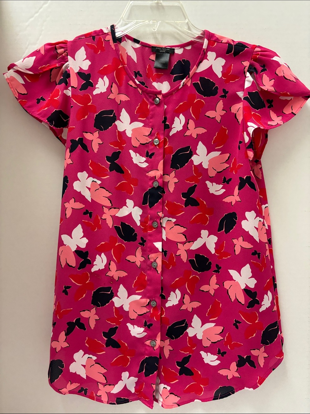 Ann Taylor Factory Fuchsia Butterfly-Print Button Front Blouse